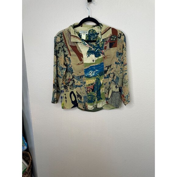 Citron Womens Green Blouse Large Vintage rayon Collared Button up Floral - Picture 1 of 7